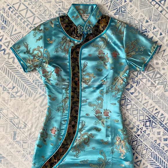 Dresses & Skirts - Chinese Turquoise Satin Dress